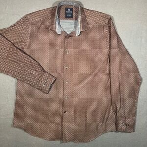Marcello Mens Large Brown Geometric Micro Print Button Up Shirt Made in Turkey